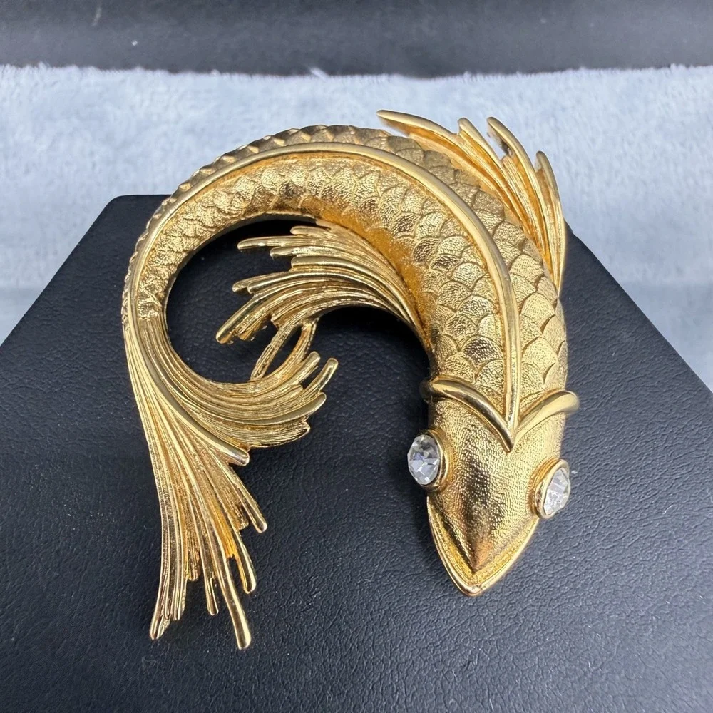 Vintage Monet Brooch Gold Tone Fish Koi